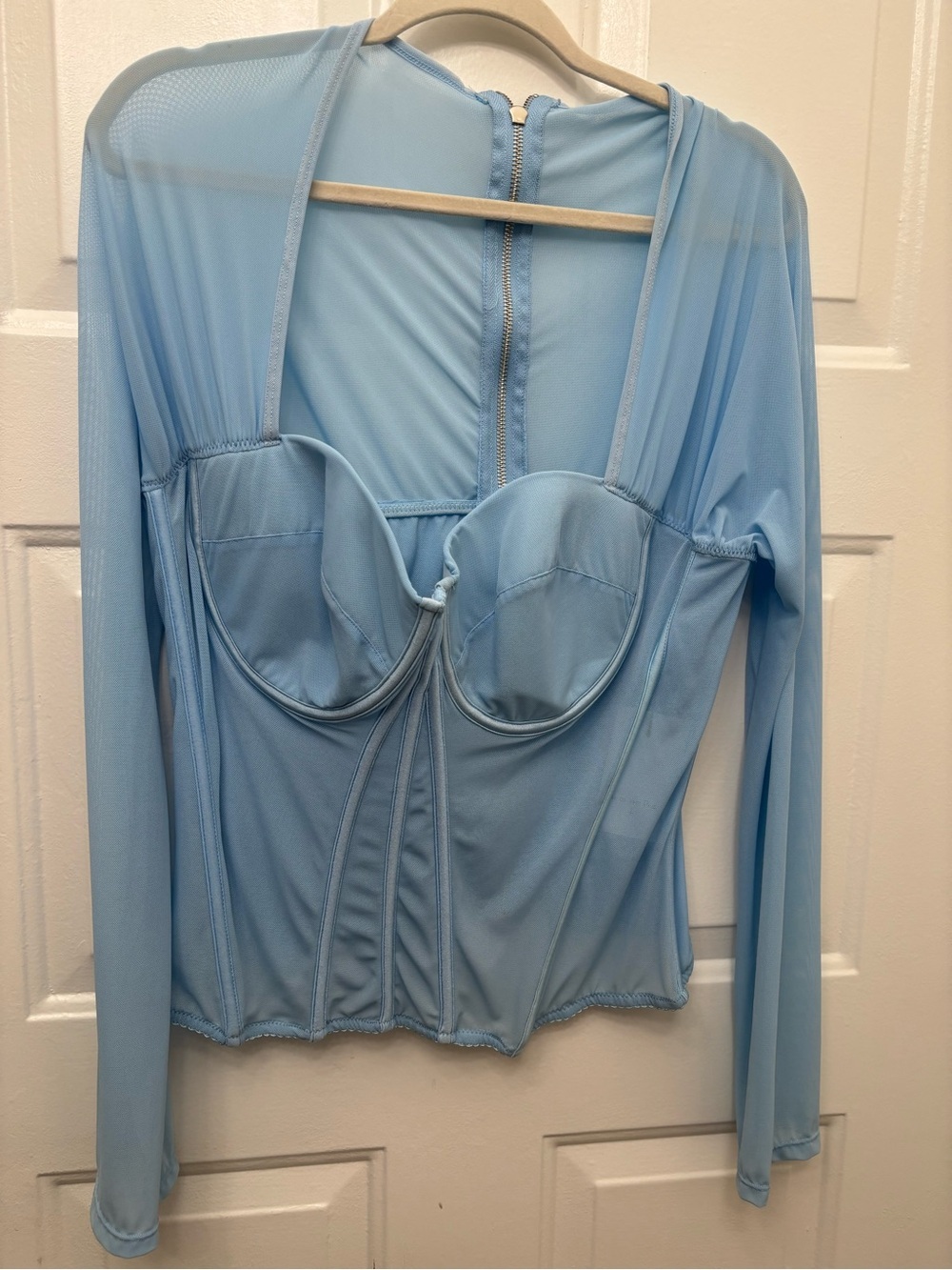 Sheer Light Blue Long-Sleeve Underwire Corset Top
